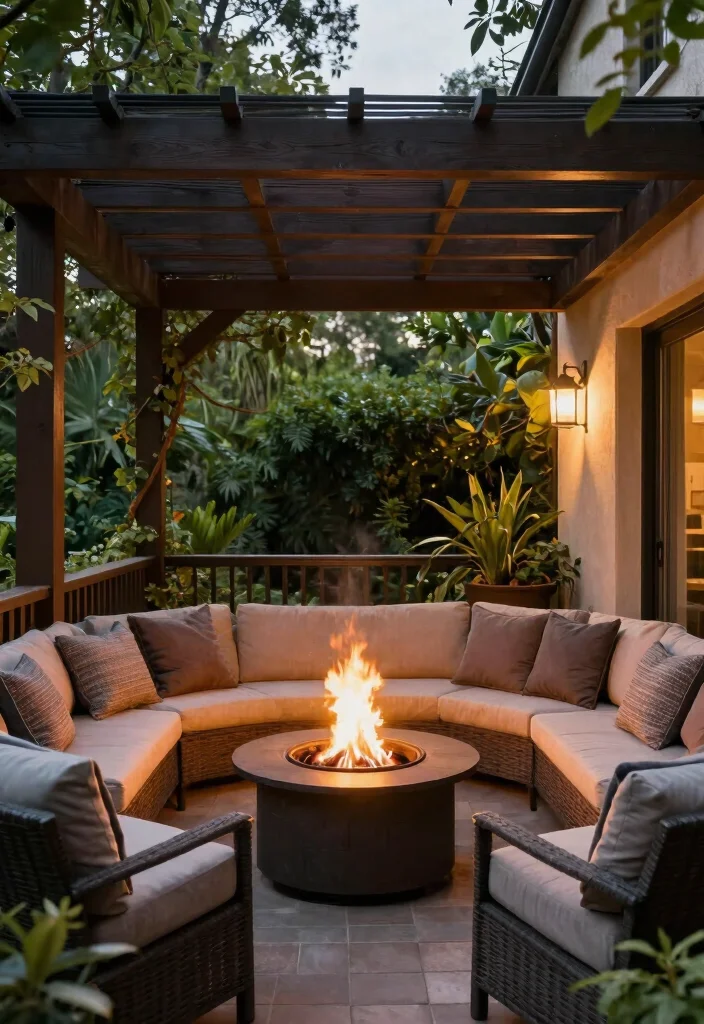 14 Balcony Pergola Ideas for Shade & Style - 12. Pergola with Fire Pit 1