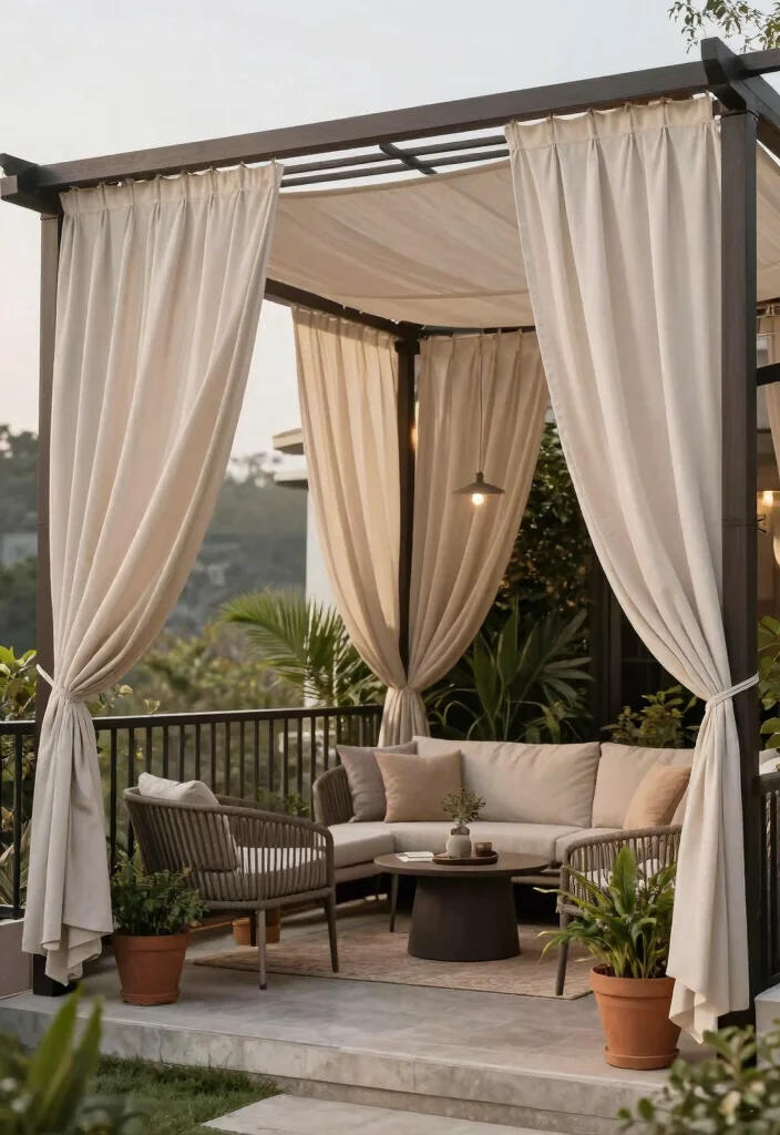 14 Balcony Pergola Ideas for Shade & Style - 3. Fabric-Covered Pergola 1