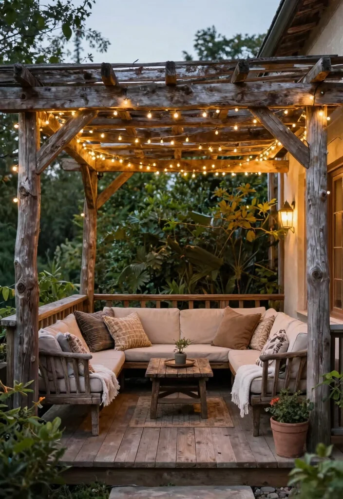14 Balcony Pergola Ideas for Shade & Style - 5. Rustic Pergola with Twinkling Lights 1