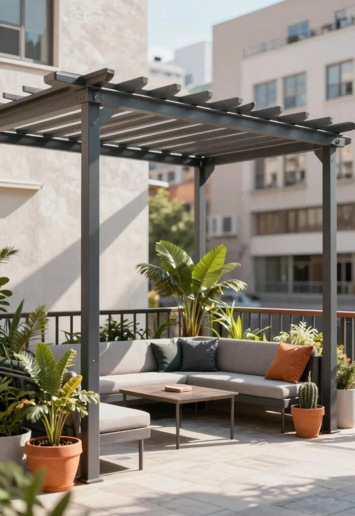 14 Balcony Pergola Ideas for Shade & Style - 6. Metal Pergola with Industrial Flair 1