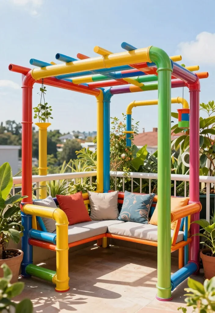 14 Balcony Pergola Ideas for Shade & Style - 7. Colorful DIY Pergola 1