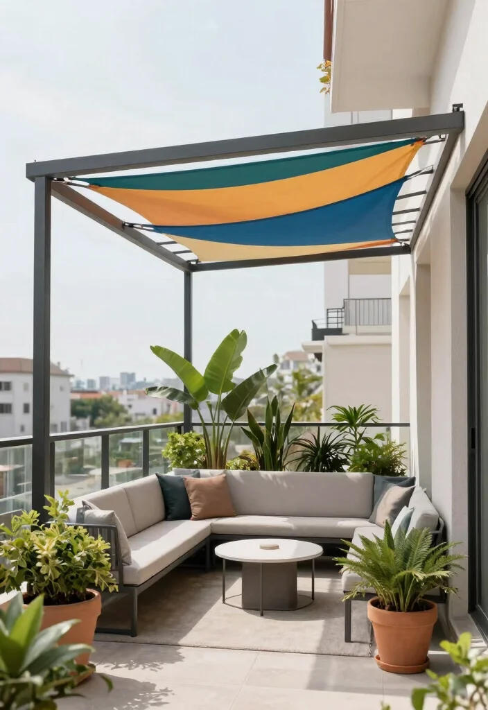 14 Balcony Pergola Ideas for Shade & Style - 9. Shade Sail Pergola 1