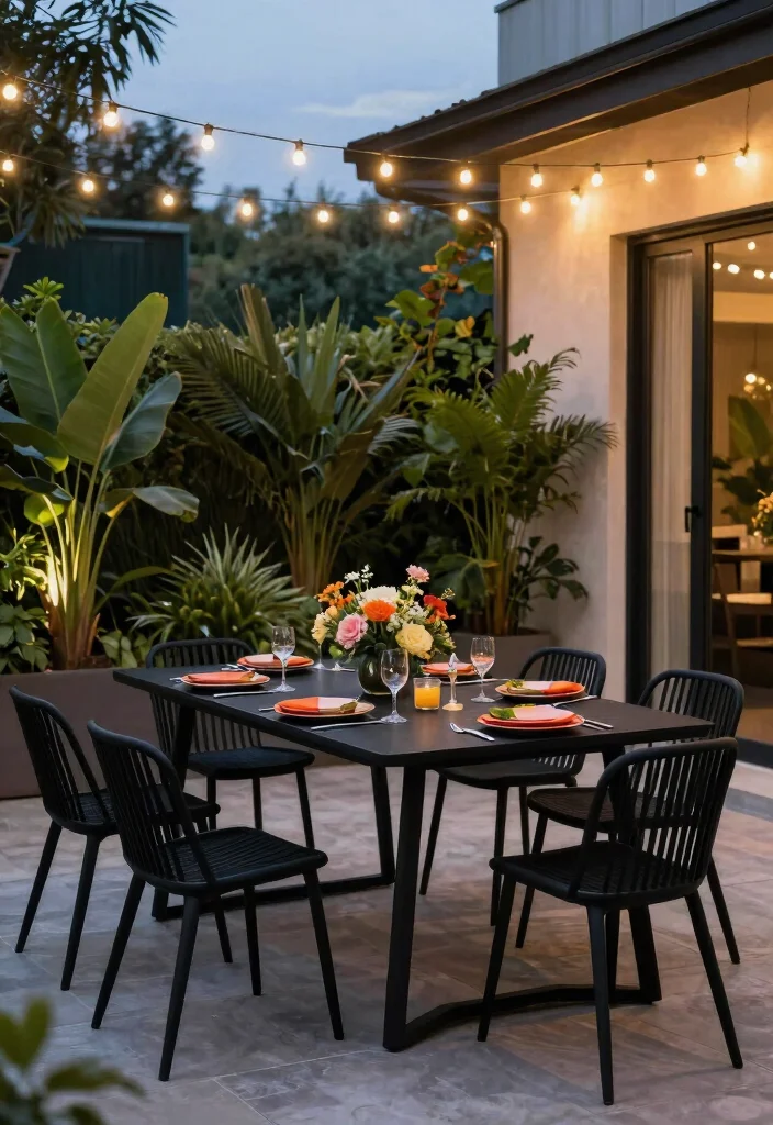 14 Black Patio Furniture Ideas That Look Sleek & Chic 1 14 Black Patio Furniture Ideas That Look Sleek & Chic - 1. Sleek Black Steel Dining Set 1