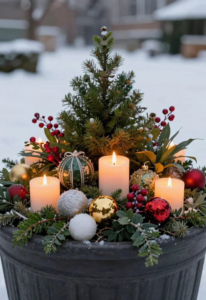 14 Christmas Outdoor Planter Ideas That Sparkle With Festive Charm - 13. Candlelit Seasonal Splendor 1