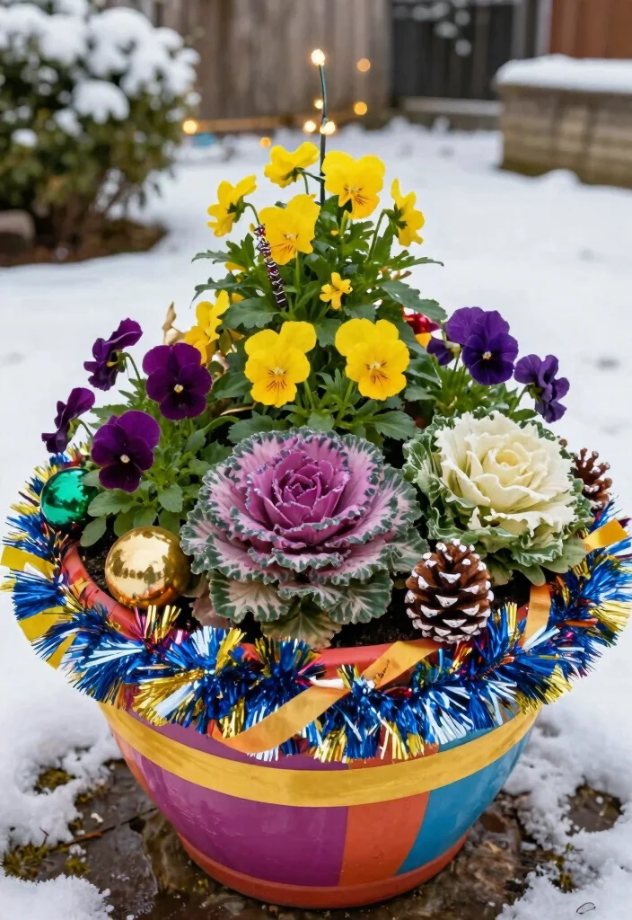 14 Christmas Outdoor Planter Ideas That Sparkle With Festive Charm - 3. Whimsical Wonderland with Colorful Accents 1