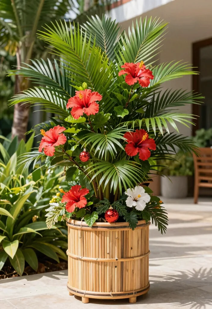 14 Christmas Outdoor Planter Ideas That Sparkle With Festive Charm - 4. Tropical Christmas Flair 1