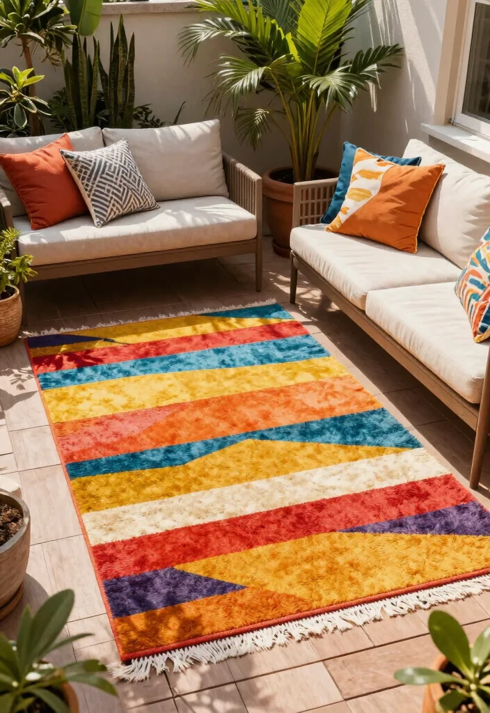 14 Small Deck Decorating Ideas That Feel Big on Style 25 14 Small Deck Decorating Ideas That Feel Big on Style - 5. Colorful Outdoor Rug 1