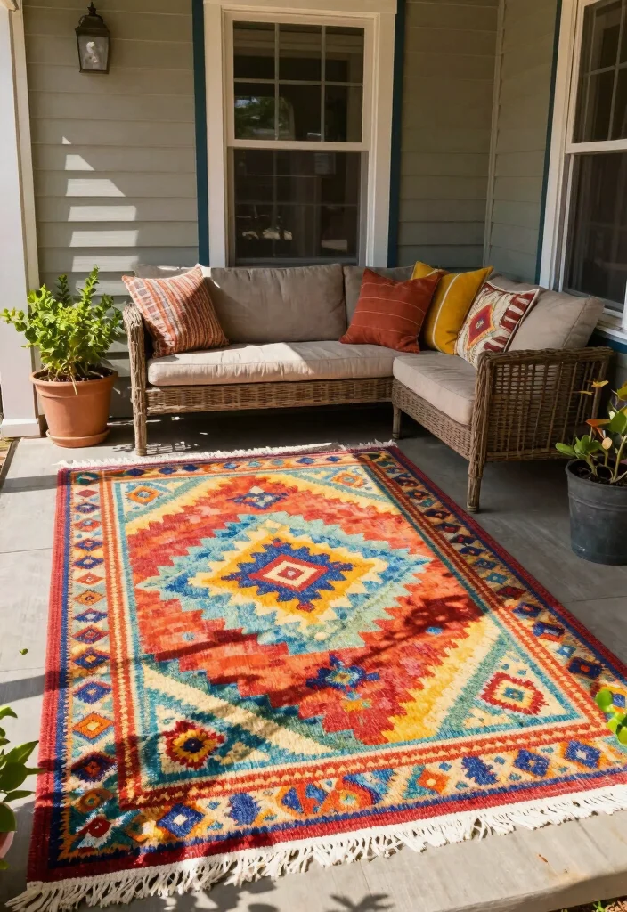 14 Summer Front Porch Ideas for a Bright Seasonal Refresh 57 14 Summer Front Porch Ideas for a Bright Seasonal Refresh - 7. Colorful Patio Rugs 1