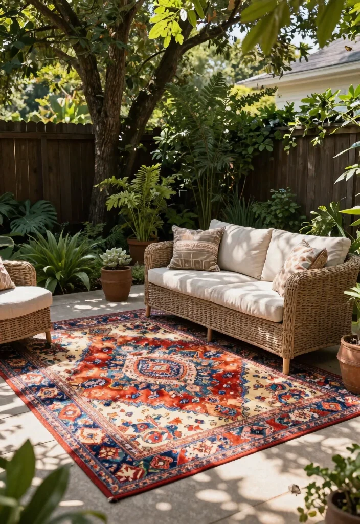 15 Backyard Layout Ideas That Maximize Space Beautifully 50 15 Backyard Layout Ideas That Maximize Space Beautifully - 10. Outdoor Rugs to Define Spaces 1