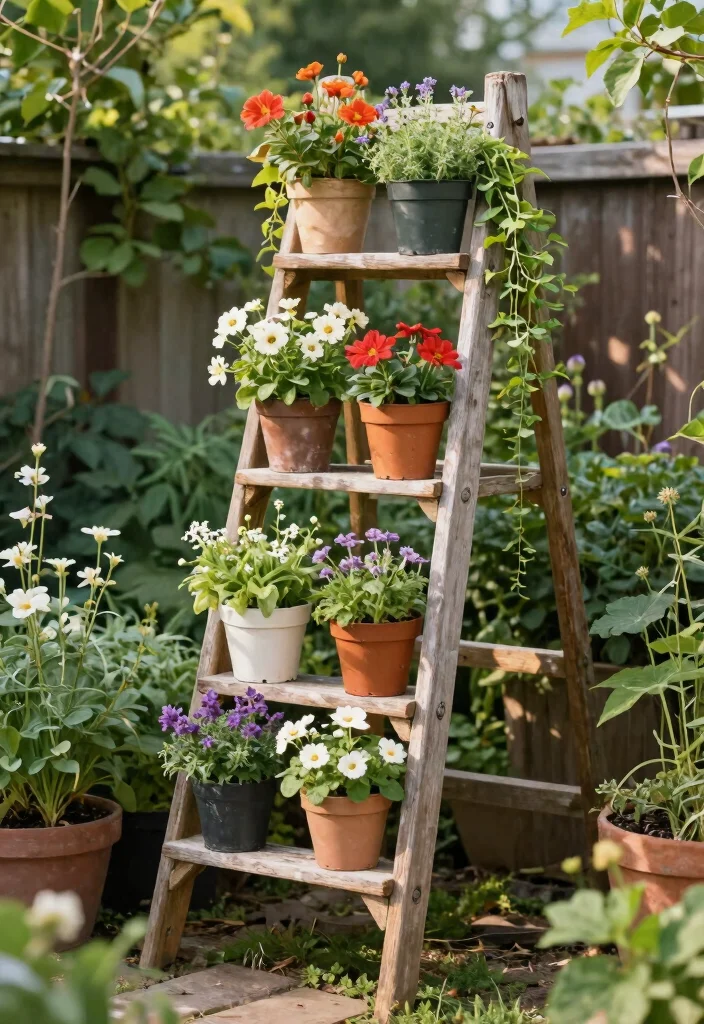 15 Backyard Layout Ideas That Maximize Space Beautifully 27 15 Backyard Layout Ideas That Maximize Space Beautifully - 7. Garden Ladder for Plant Display 1