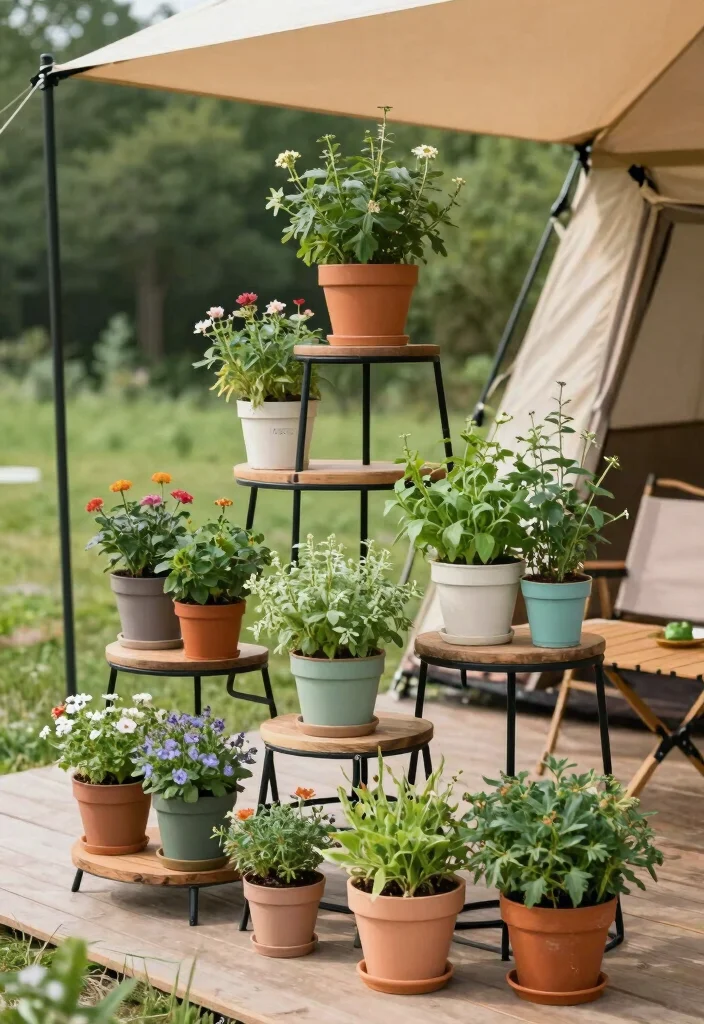 15 Camper Patio Ideas That Upgrade Your Campsite Vibes 64 15 Camper Patio Ideas That Upgrade Your Campsite Vibes - 14. Plant Stands and Shelves 1