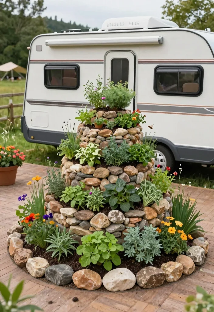 15 Camper Patio Ideas That Upgrade Your Campsite Vibes 14 15 Camper Patio Ideas That Upgrade Your Campsite Vibes - 4. Herb Spiral Gardens 1