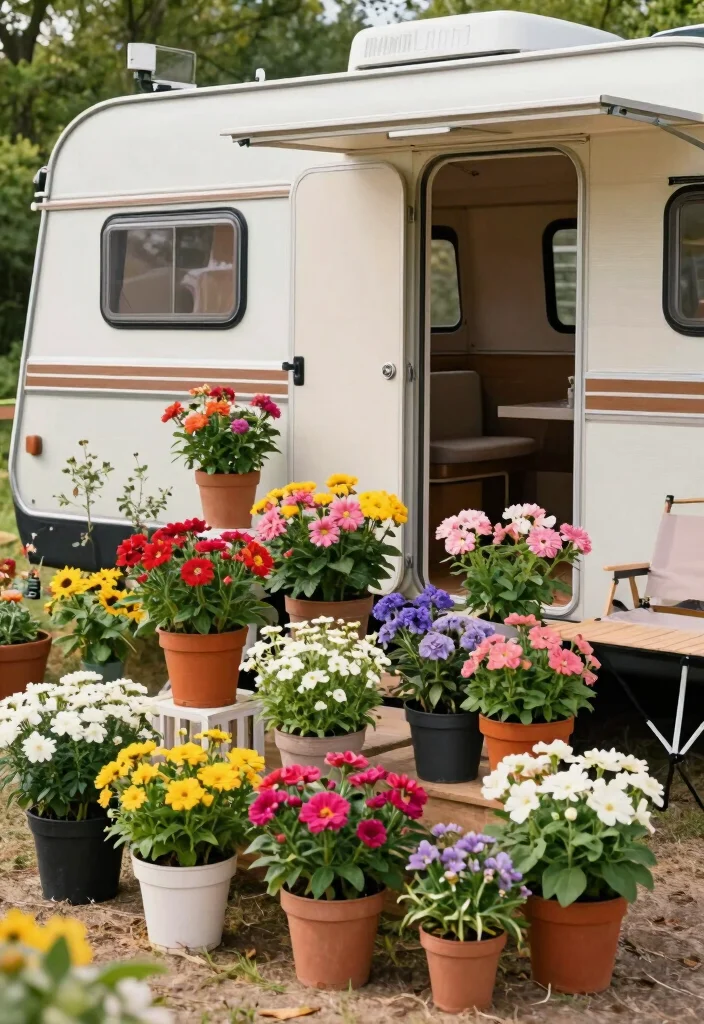 15 Camper Patio Ideas That Upgrade Your Campsite Vibes 28 15 Camper Patio Ideas That Upgrade Your Campsite Vibes - 8. Potted Flower Arrangements 1