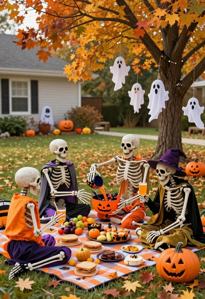 15 Front Yard Skeleton Ideas for Spooky Outdoor Fun - 1. Skeleton Family Picnic 1