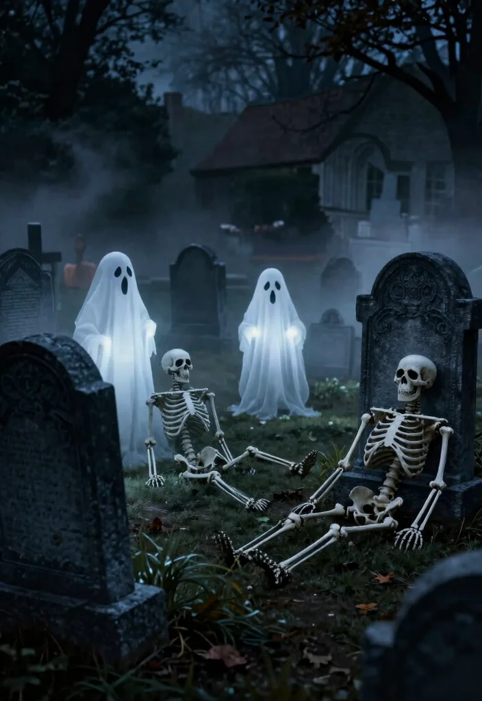 15 Front Yard Skeleton Ideas for Spooky Outdoor Fun - 10. Skeletons in a Cemetery Scene 1