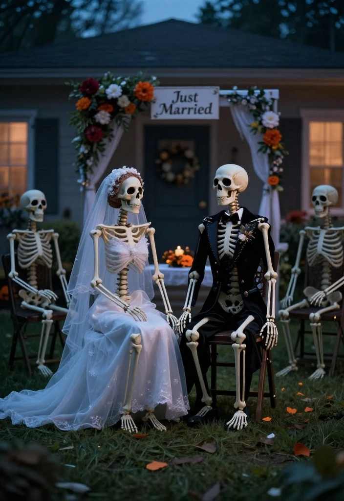 15 Front Yard Skeleton Ideas for Spooky Outdoor Fun - 11. Skeleton Wedding 1
