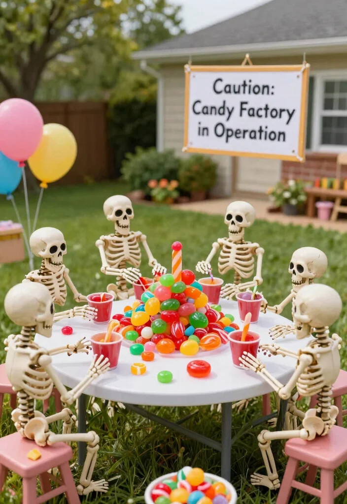 15 Front Yard Skeleton Ideas for Spooky Outdoor Fun - 14. Skeletons in a Candy Factory 1
