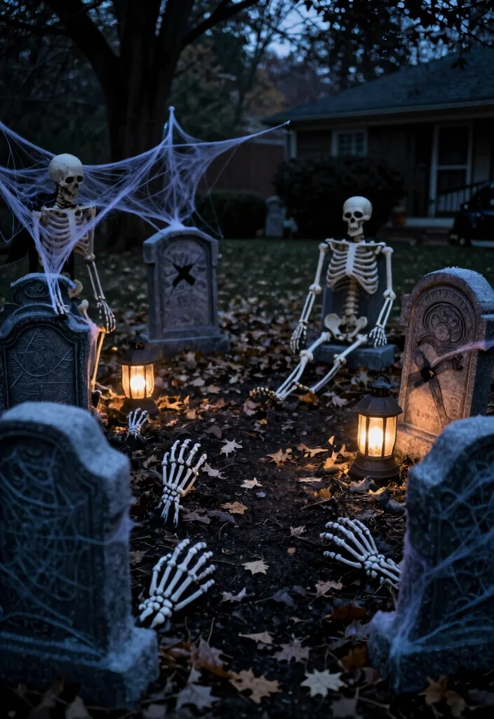 15 Front Yard Skeleton Ideas for Spooky Outdoor Fun - 2. Skeletons at the Graveyard 1