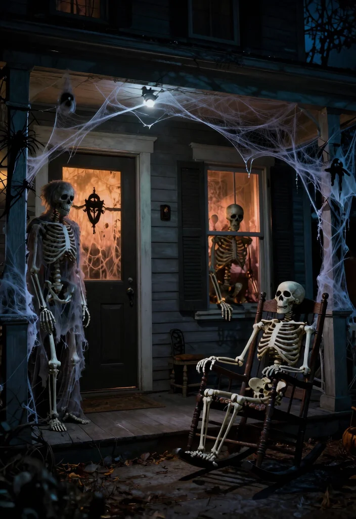 15 Front Yard Skeleton Ideas for Spooky Outdoor Fun - 6. Skeletons in a Haunted House 1