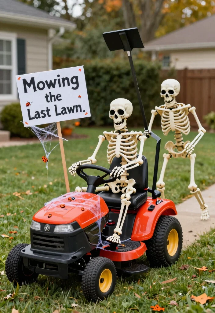 15 Front Yard Skeleton Ideas for Spooky Outdoor Fun - 7. Skeletons with Lawn Mowers 1