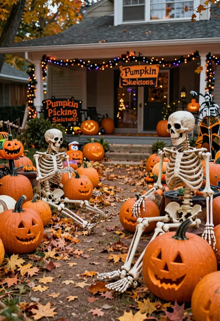 15 Front Yard Skeleton Ideas for Spooky Outdoor Fun - 8. Skeletons in a Pumpkin Patch 1