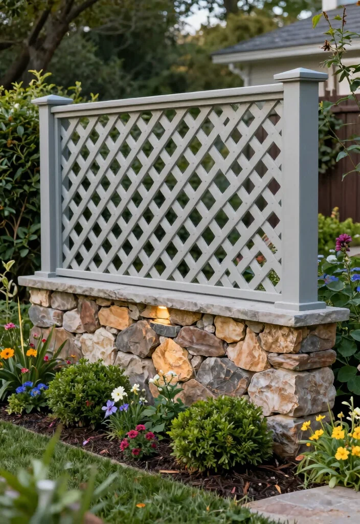 15 Lattice Fence Ideas That Add Charm & Privacy 17 15 Lattice Fence Ideas That Add Charm & Privacy - 7. Lattice and Stone Combination 1