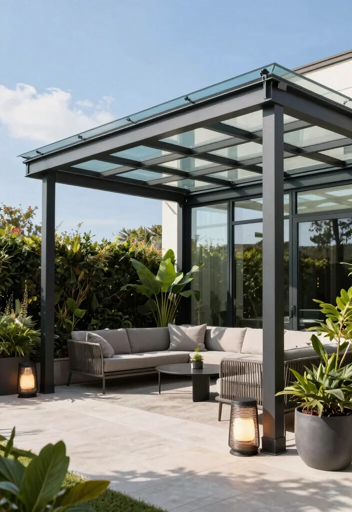 15 Patio Pergola Ideas for Stylish Outdoor Shade 36 15 Patio Pergola Ideas for Stylish Outdoor Shade - 6. Contemporary Glass Pergola 1