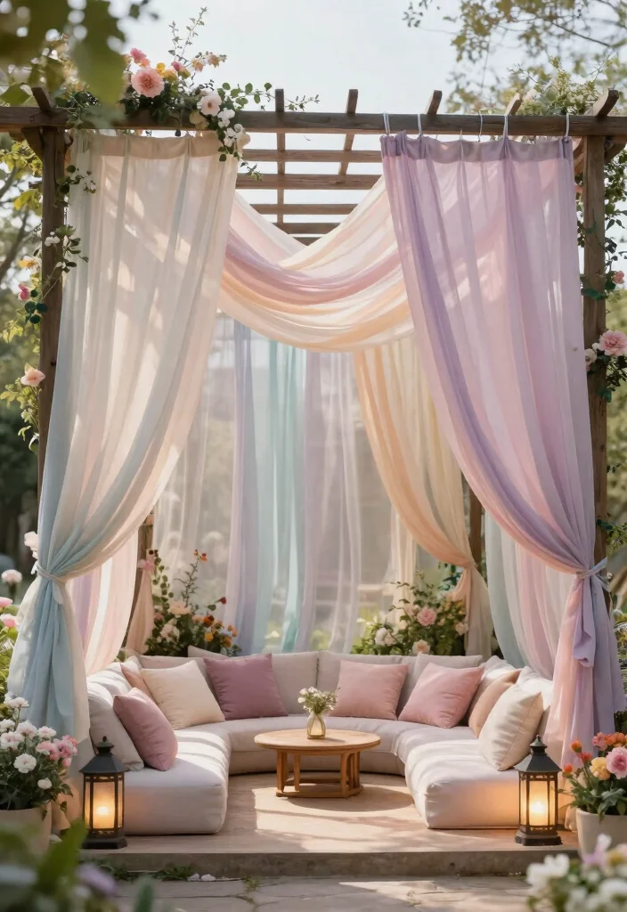 15 Pergola Roofing Ideas That Add Shade & Style 3 15 Pergola Roofing Ideas That Add Shade & Style - 3. Fabric Draped Elegance 1