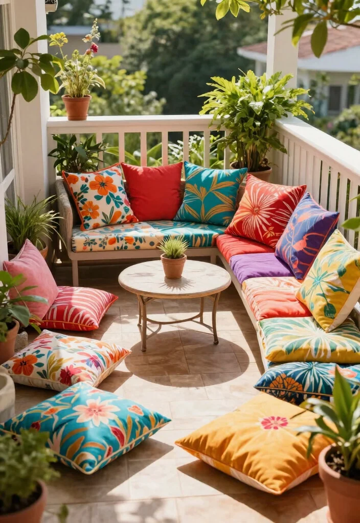 16 Balcony Decor Ideas for Apartments That Look Pinterest Perfect - 10. Colorful Outdoor Cushions 1