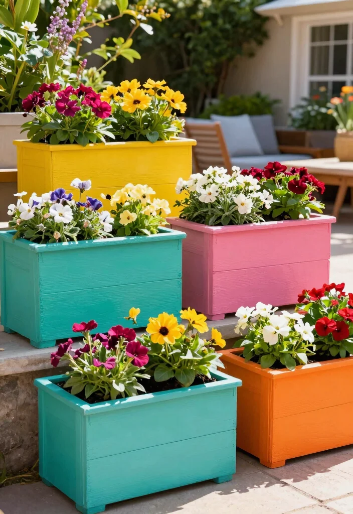 16 Box Planter Ideas That Elevate Your Garden Design - 6. Colorful Painted Planters 1
