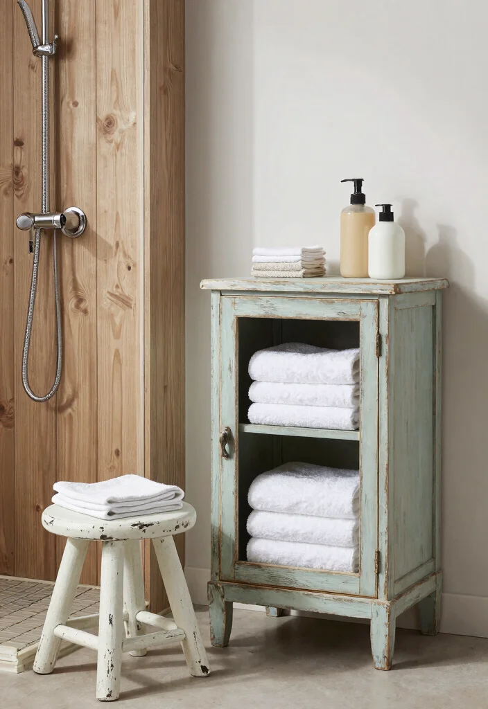 16 Farmhouse Shower Ideas That Blend Rustic & Modern 30 16 Farmhouse Shower Ideas That Blend Rustic & Modern - 10. Vintage Furniture for Storage 1