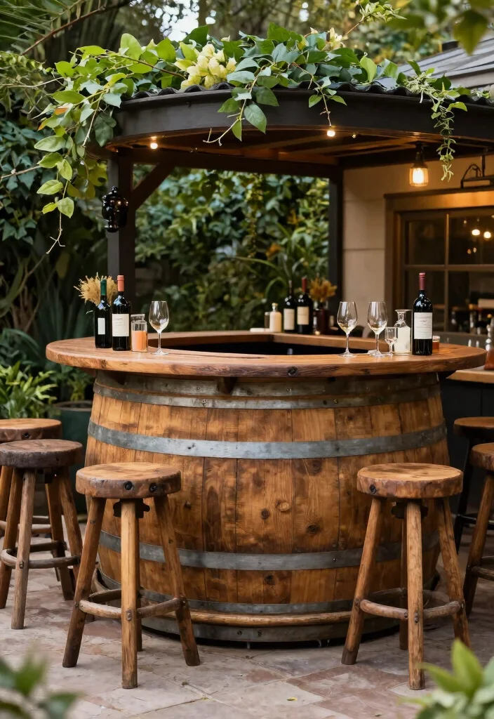 16 Outdoor Patio Bar Ideas for the Perfect Hosting Spot - 12. Wine Barrel Bar 1