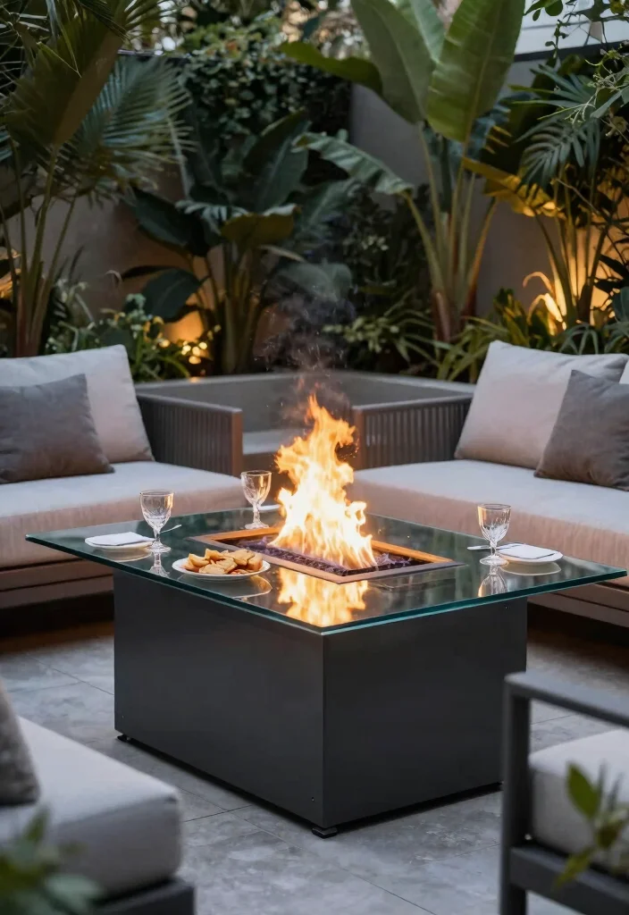 18 Fire Pit Backyard Ideas That Feel Warm & Inviting - 12. Glass Fire Pit Table 1