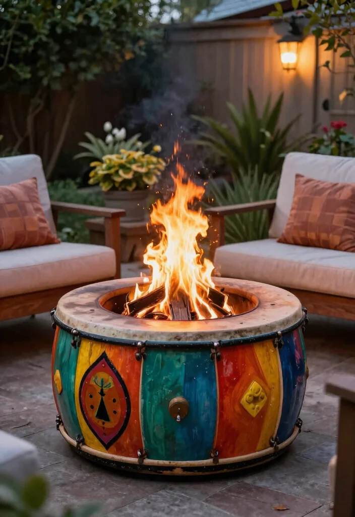18 Fire Pit Backyard Ideas That Feel Warm & Inviting - 13. Vintage Drum Fire Pit 1