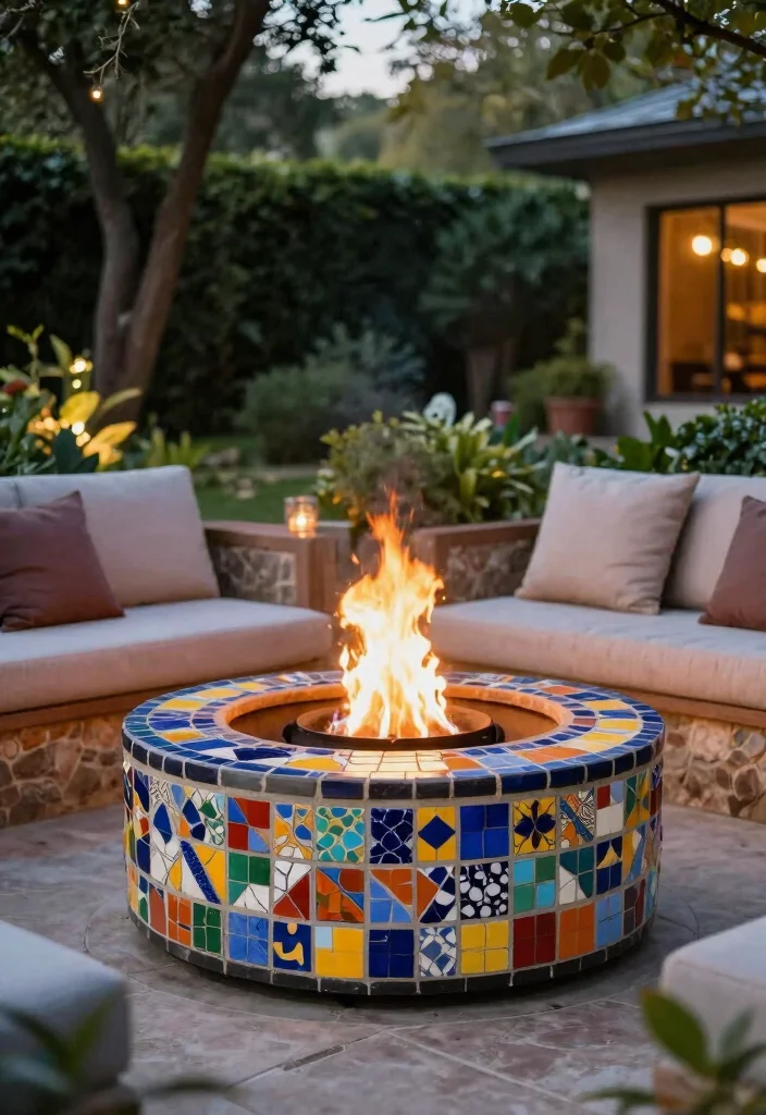 18 Fire Pit Backyard Ideas That Feel Warm & Inviting - 17. Fire Pit with Mosaic Designs 1