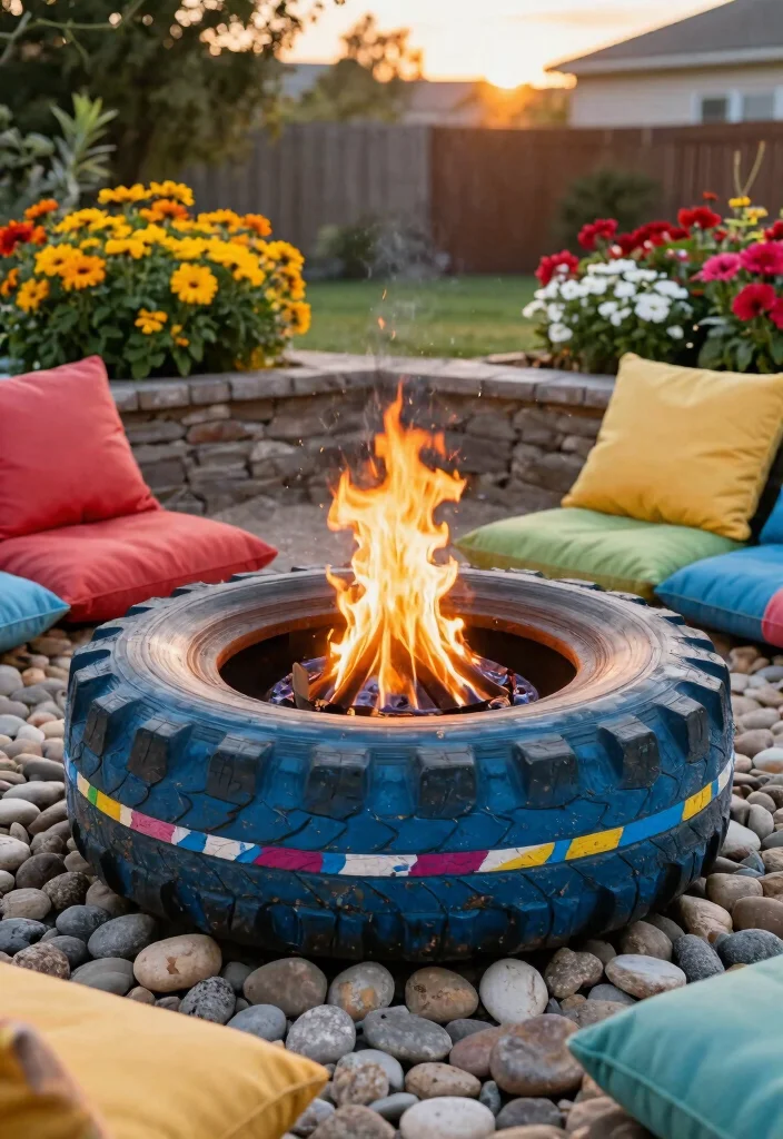 18 Fire Pit Backyard Ideas That Feel Warm & Inviting - 2. Upcycled Tire Fire Pit 1