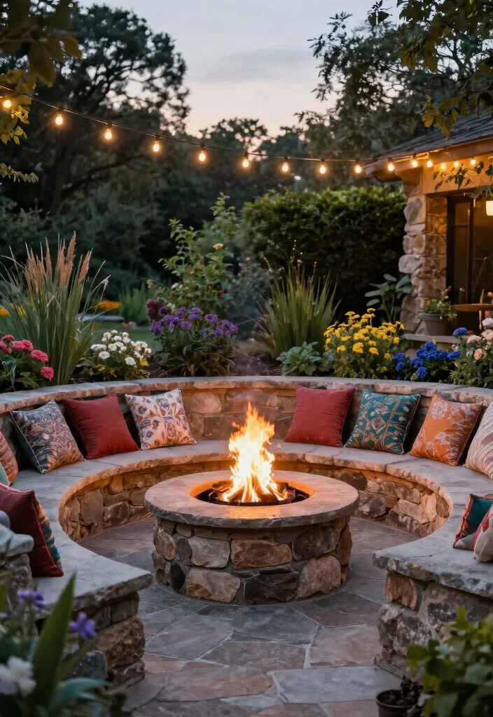 18 Fire Pit Backyard Ideas That Feel Warm & Inviting - 3. Fire Pit with Seating Wall 1