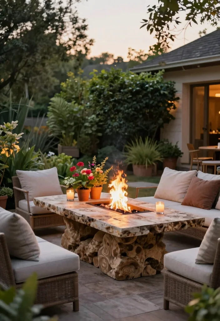 18 Fire Pit Backyard Ideas That Feel Warm & Inviting - 7. Fire Pit with a Natural Stone Table 1