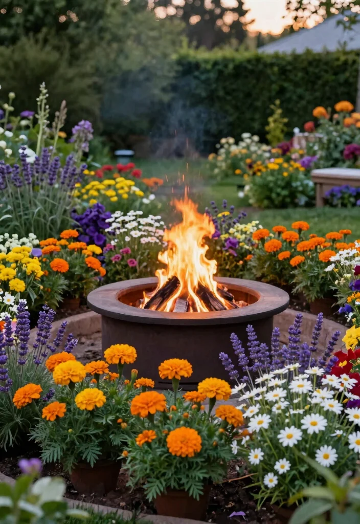 18 Fire Pit Backyard Ideas That Feel Warm & Inviting - 9. Fire Pit Surrounded by Flowers 1