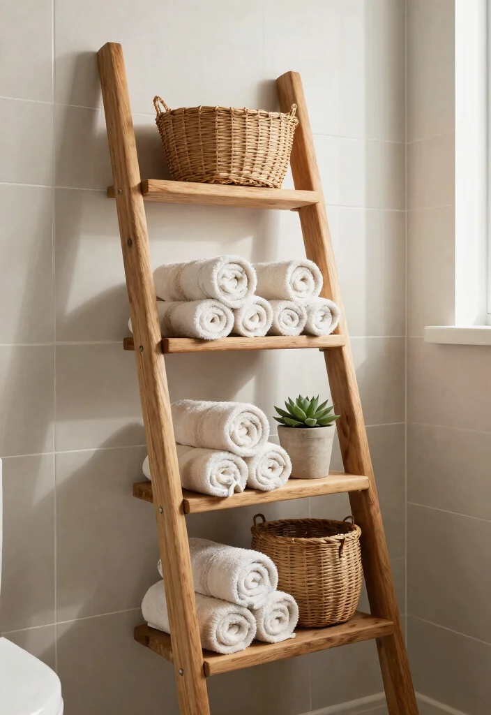 12 Bathroom Standing Shelf Ideas That Don't Tip Over on Tile - 2. Wooden Ladder Shelf 1