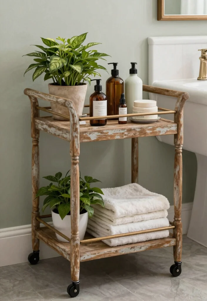 12 Bathroom Standing Shelf Ideas That Don't Tip Over on Tile - 5. Vintage-style Cart Shelf 1