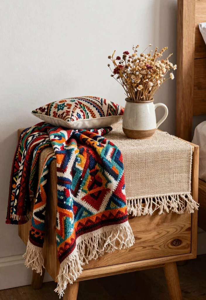 12 Boho Nightstand Decor Ideas That Don't Tip Over or Collect Dust - 1. Layered Textiles for a Cozy Touch 1