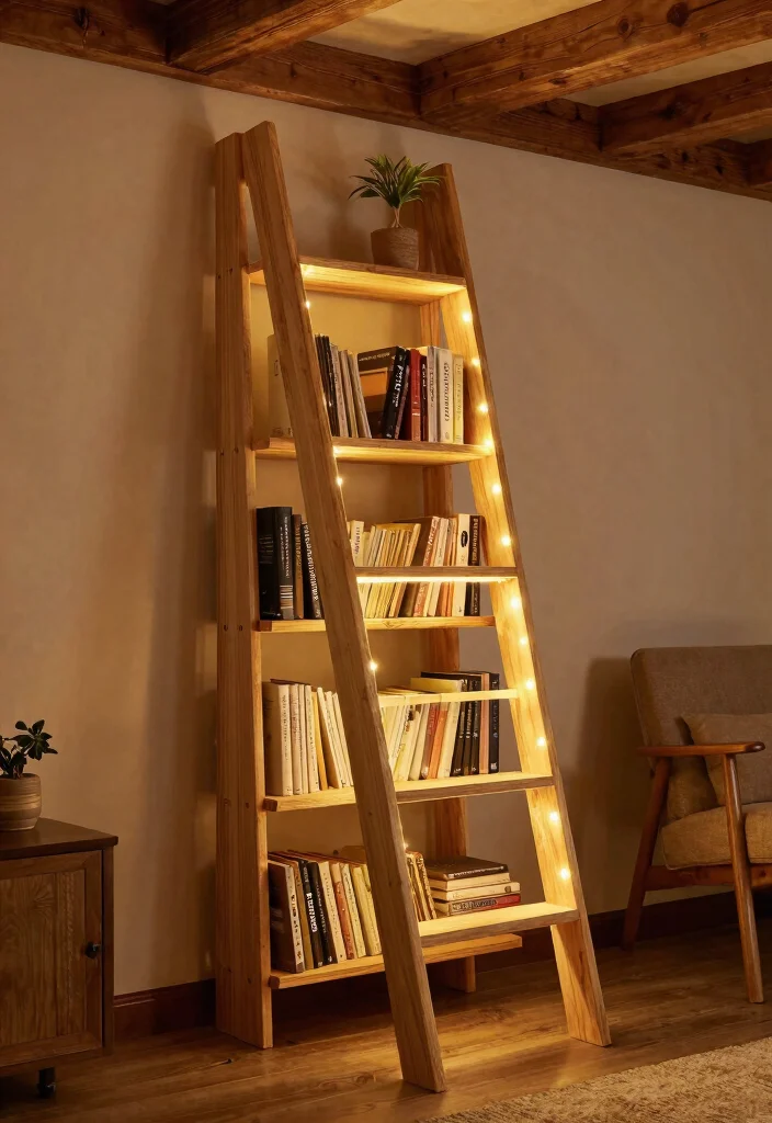 12 Bookshelf With Lights Ideas That Highlight Your Best Books - 3. LED Bookshelf Ladders for Added Functionality 1