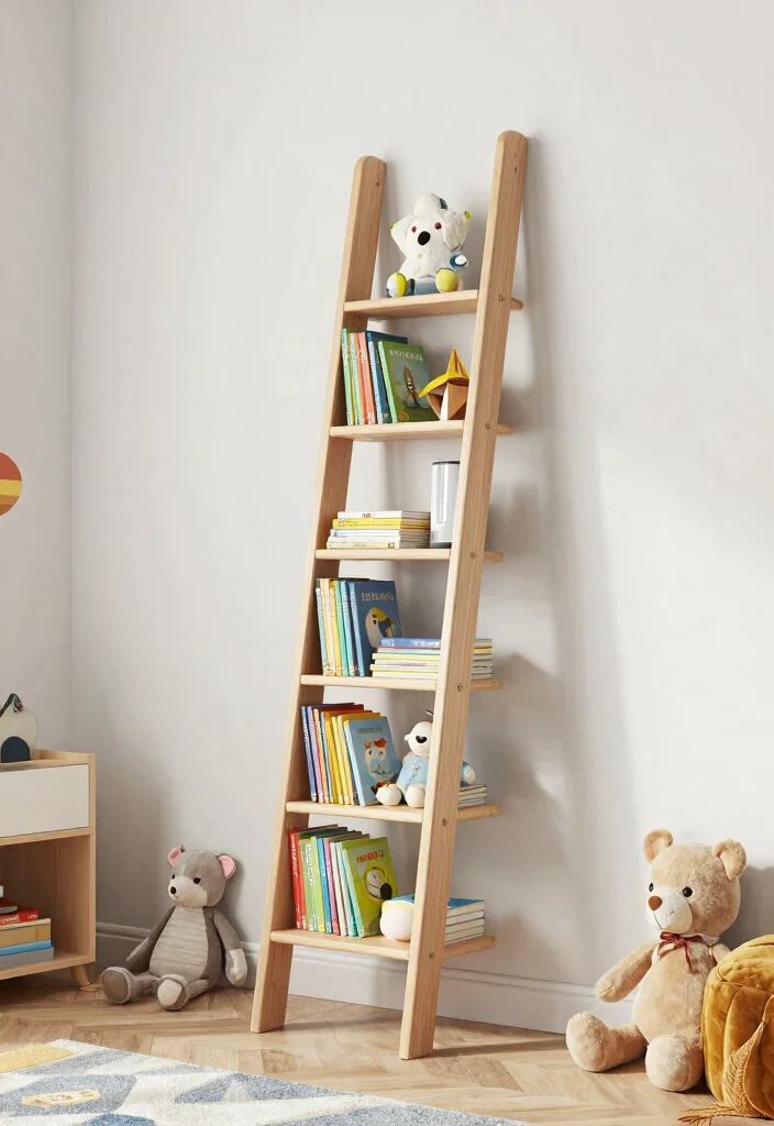 12 Kids Bedroom Bookshelf Ideas That Don't Tip Over - 10. Bookshelf Ladder for a Unique Touch 1