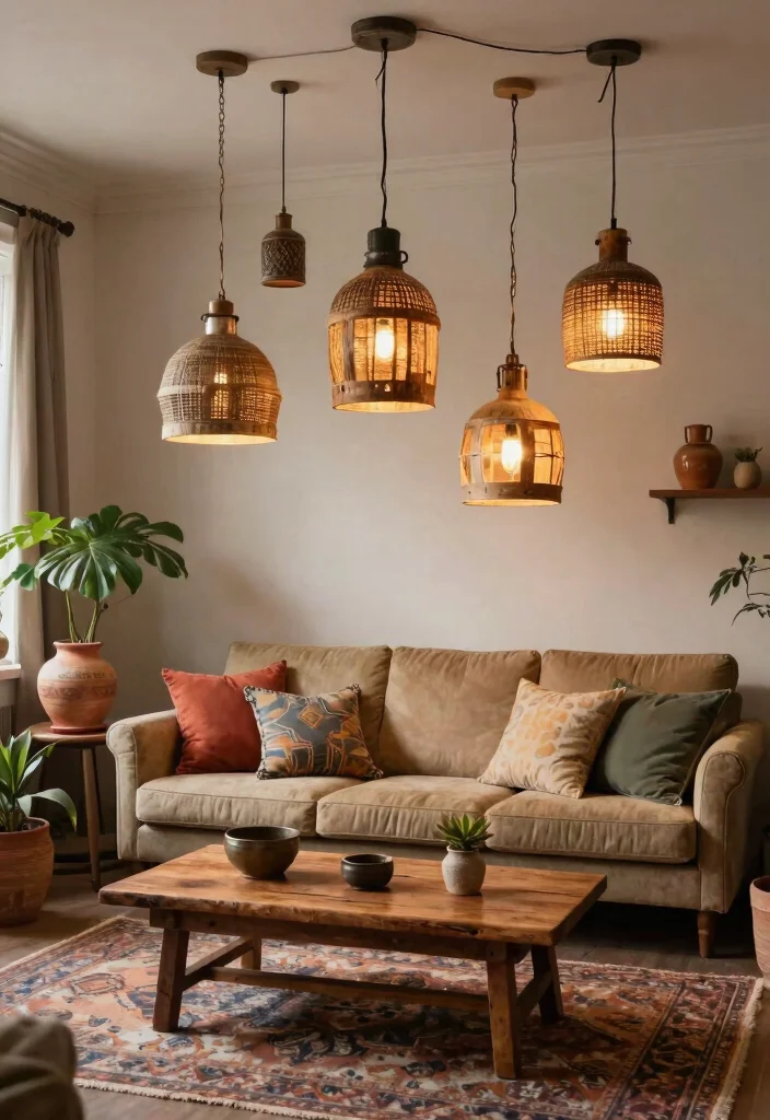 12 Pendant Lamp Living Room Ideas That Work With Low Ceilings - 12. Unique Upcycled Pendants 1