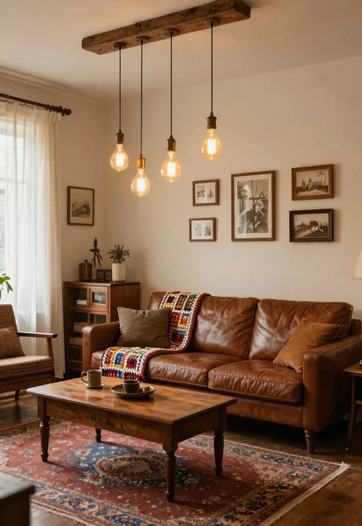 12 Pendant Lamp Living Room Ideas That Work With Low Ceilings - 2. Vintage Charm with Edison Bulbs 1