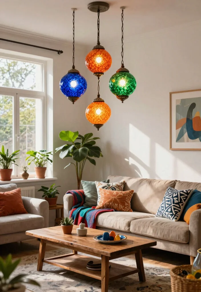 12 Pendant Lamp Living Room Ideas That Work With Low Ceilings - 3. Colorful Glass Shades 1