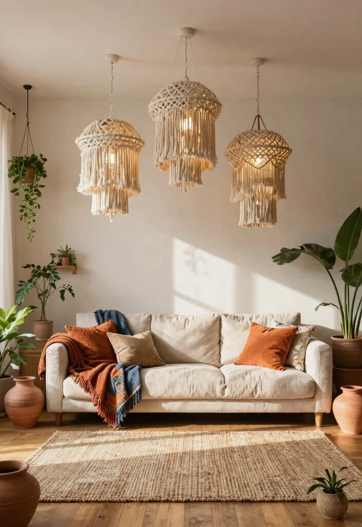 12 Pendant Lamp Living Room Ideas That Work With Low Ceilings - 4. Bohemian Macramé Pendants 1