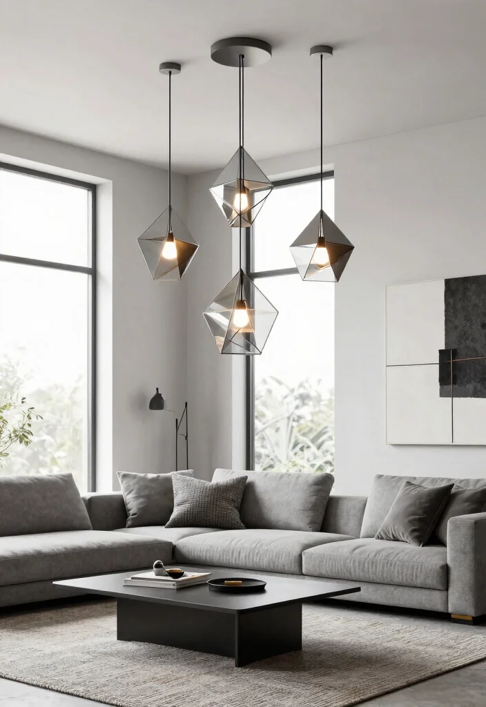 12 Pendant Lamp Living Room Ideas That Work With Low Ceilings - 6. Geometric Pendant Designs 1