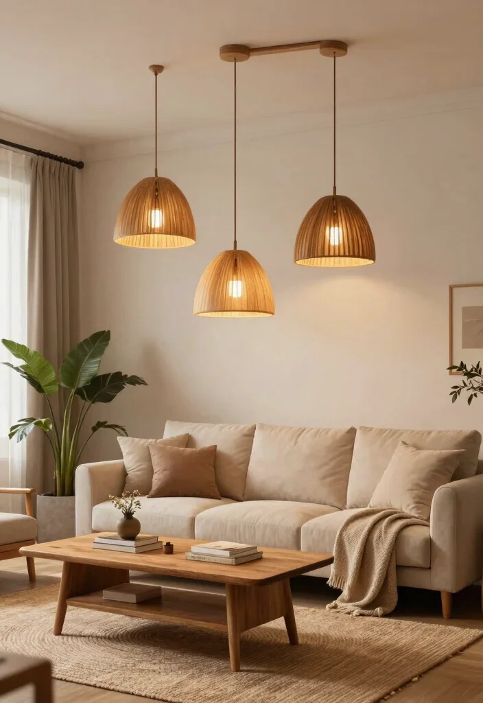 12 Pendant Lamp Living Room Ideas That Work With Low Ceilings - 7. Warm Wooden Fixtures 1